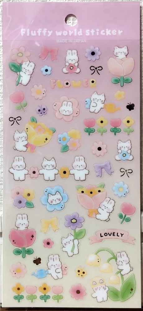 GAIA Fluffy World Flower Sticker Lovely Animal Cat Kitten Rabbit MADE IN JAPAN