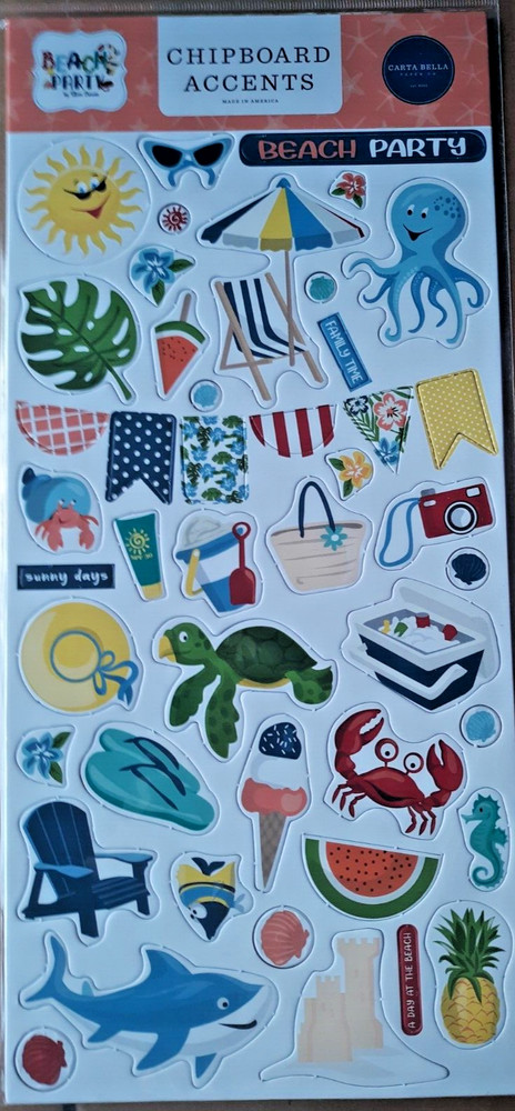 CARTA BELLA CHIPBOARD ACCENTS~BEACH PARTY~ LARGE 6″X13″~ BEACH TOYS