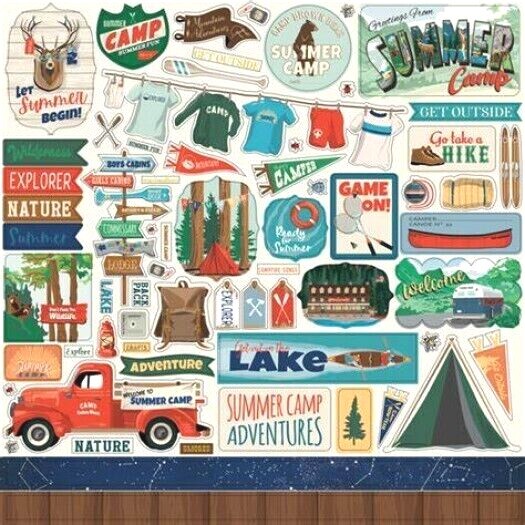 Summer Camp Explore Nature Hike Cabin Canoe Lake Tent Outside Elements Stickers