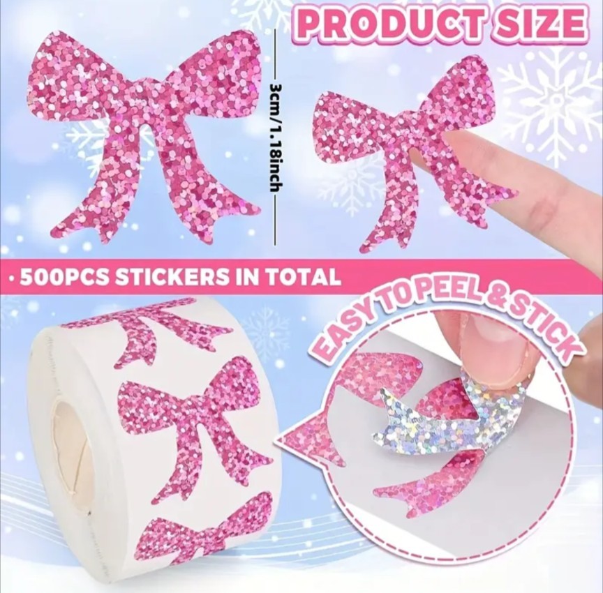 500 pcs Sticker Seals Roll Sparkly Pink Glitter Ribbon Foil Self Adhesive NEW