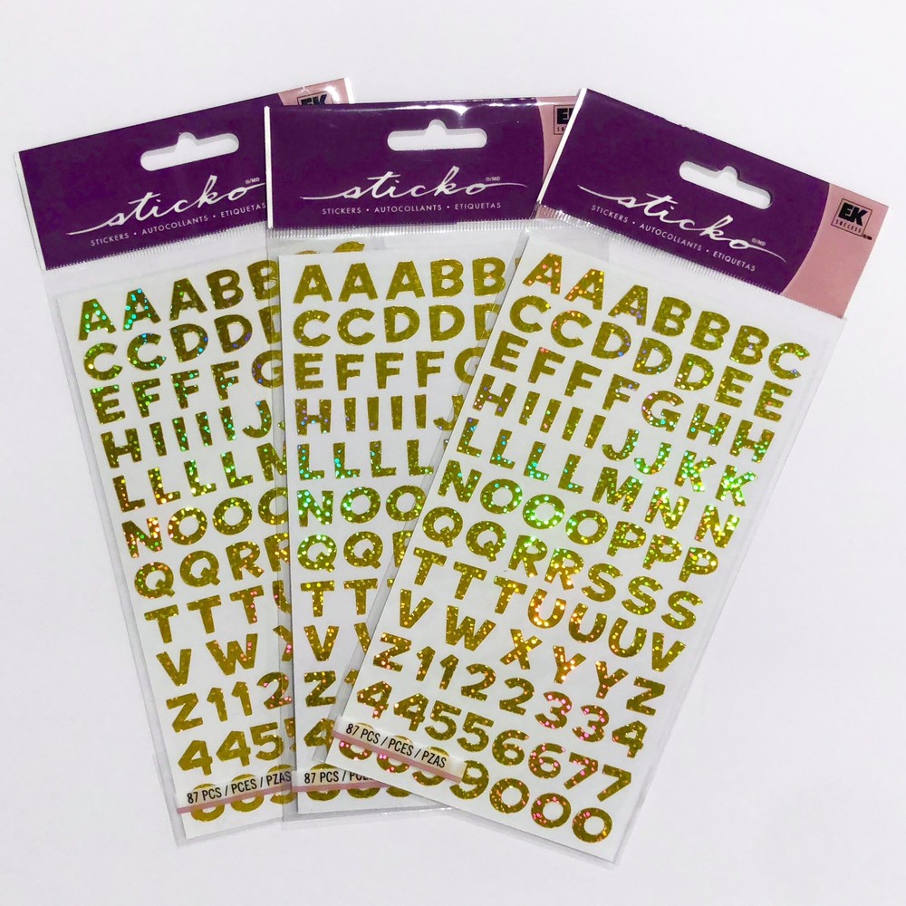 STICKO Alphabet Stickers~3 PACKS of GOLD GLITTER LETTERS & NUMBERS~Funhouse Font