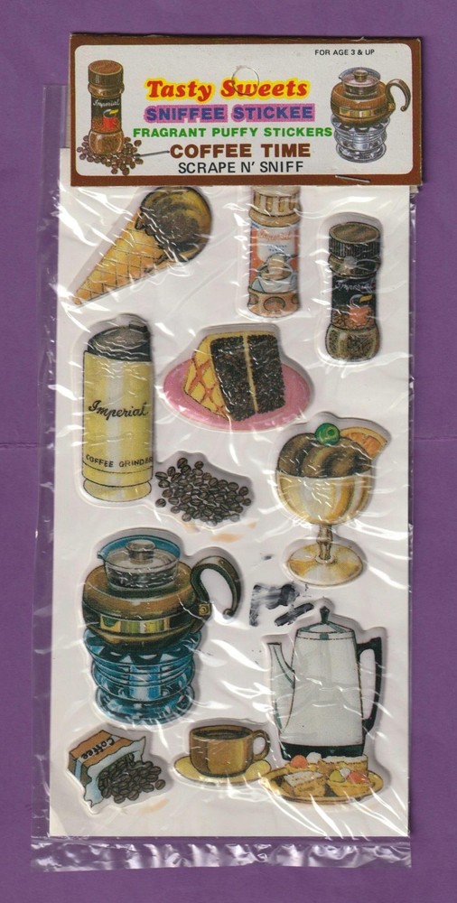 Vintage 1980s TASTY SWEETS Scratch & Sniff PUFFY Stickers COFFEE