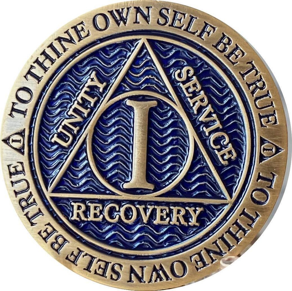 1 Year AA Medallion Reflex Antique Blue Color Bronze Sobriety Recovery Chip Coin