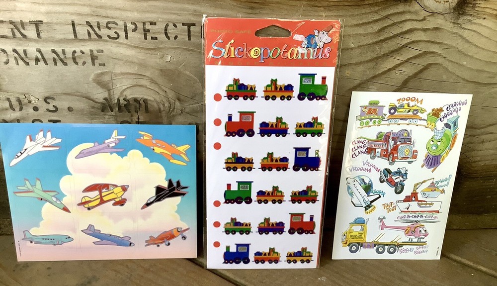 Lot of 3 Vintage Transportation Sticker Sheets Gibson 1988 Planes Trains AGC