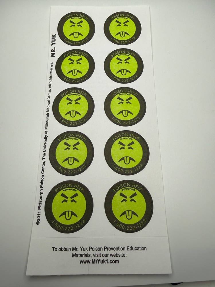 Genuine Mr. Yuk Stickers 10 Total (1 Sheet) Yuck FREE SHIP! 70’s 80’s 90’s RETRO