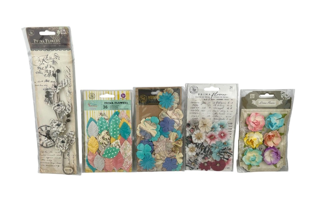 5 Pkg Lot Prima Marketing Paper Fabric Flower Embellishments Scrapbooking Crafts