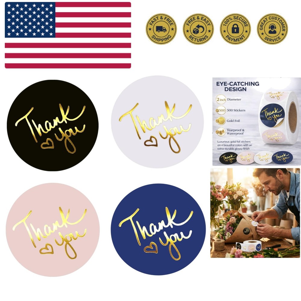 500 2 inch Thank You Stickers – Round Labels with Gold Foil Heart Black, Whit…