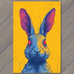 STICKER Blue Bunny Portrait Red Drip Eyes Yellow Graffiti Pop Splatter