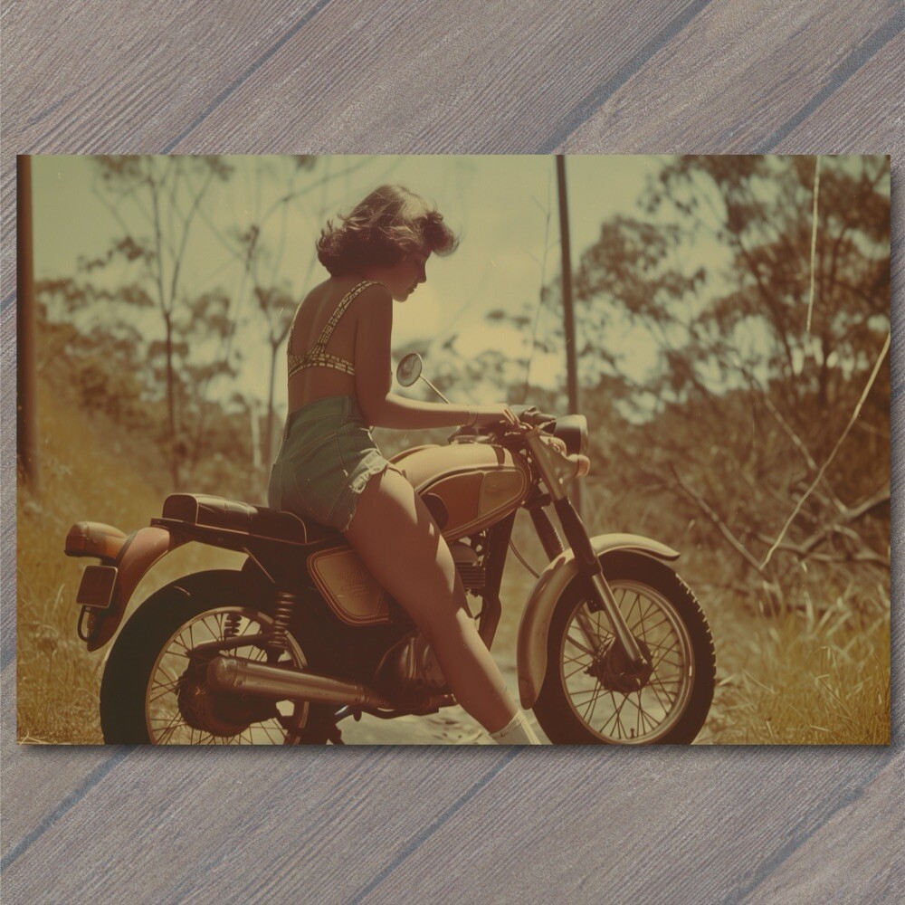 STICKER Young Girl On Motorcycle Cute Beautiful 70s Vibe Photo Funny 1970s