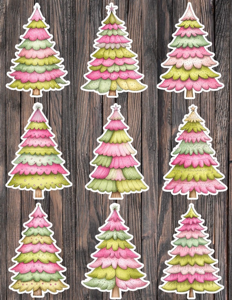 Pink and Green Christmas Tree Stickers Set Scrapbooking Laptop Water Bottle