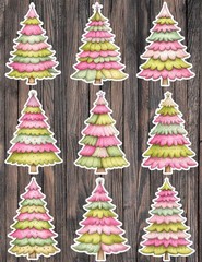 Pink and Green Christmas Tree Stickers Set Scrapbooking Laptop Water Bottle