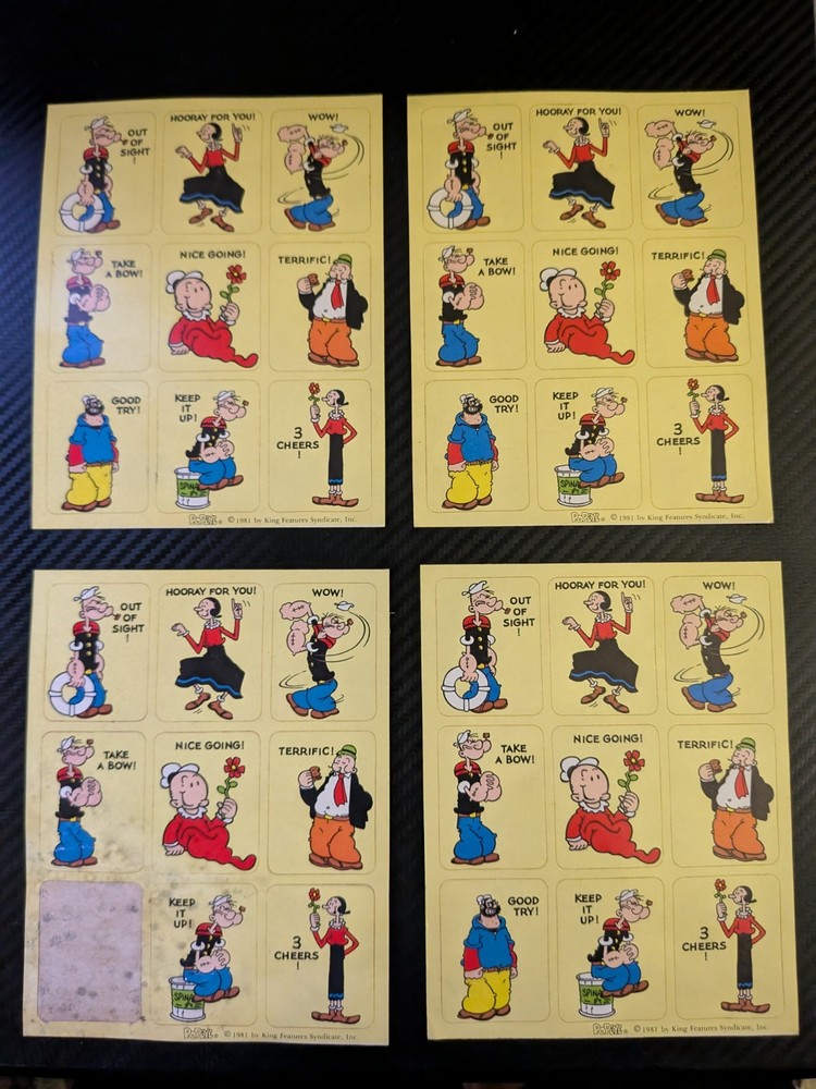 Vintage 1981 Popeye Stickers King Features Syndicate Olive Oil 4 Sheets