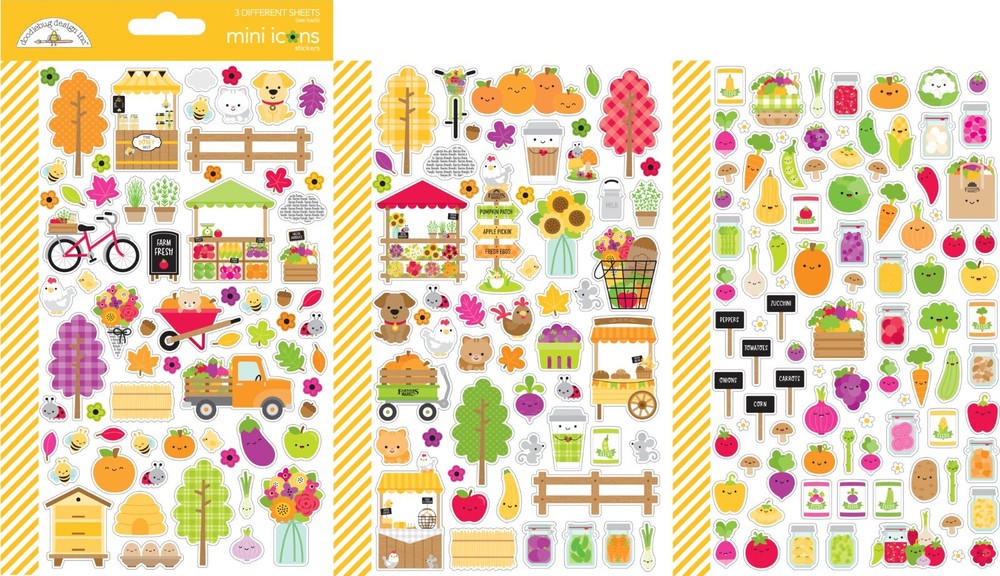 Doodlebug Icon Stickers Farmers Market Fall Animals Vegetables Stand Sunflowers