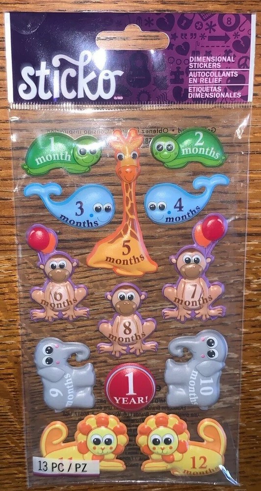Sticko BABY Months 1 Year Whale Elephant Giraffe Monkey Turtle Scrapbook Sticker