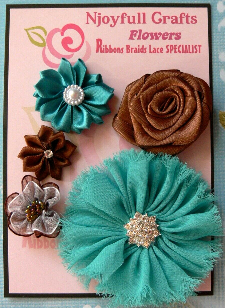 TEAL BLUE & BROWN Fabric Satin Organza Mix – 5 Floral Flower Pk 25-75mm NJC V4 B