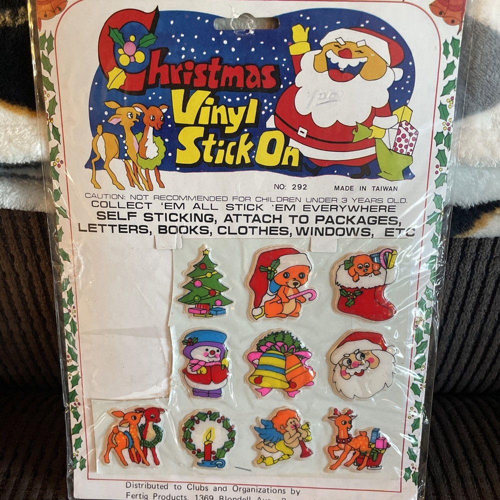 NOS Vintage Christmas Vinyl Puffy Stickers Stick Ons DIME STORE 1.50″ 10ct
