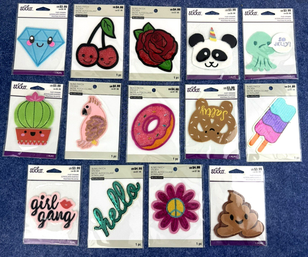 Lot Of 14~Sticko Fuzzy & Bling Patch Stickers~Assorted Designs~Crafts~Decorating