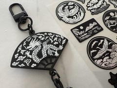Korean Traditional Keychain + PET Sticker Sheet Set Black White Kawaii Gift