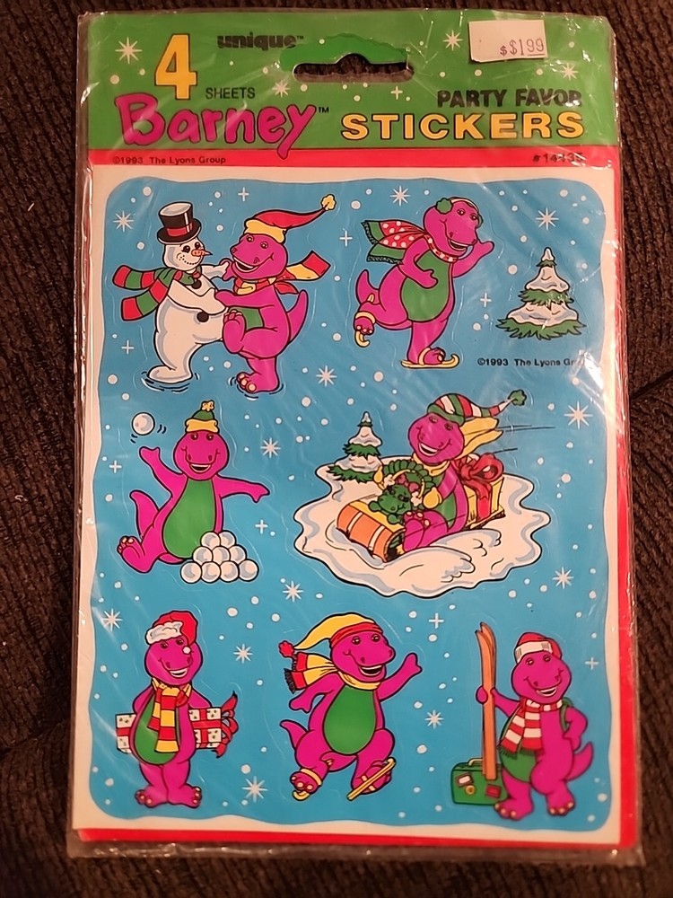 Barney Purple Dinosaur VTG Unique Brand Stickers 4 Sheets 1993 USA Made Sealed