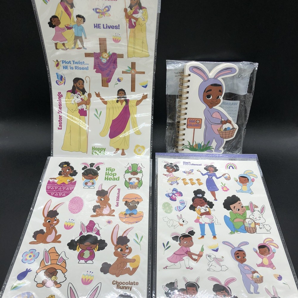 Black Paper Party Easter Stickers 24 Sheets Bunny Kids Bundle 3 Packs + Notebook