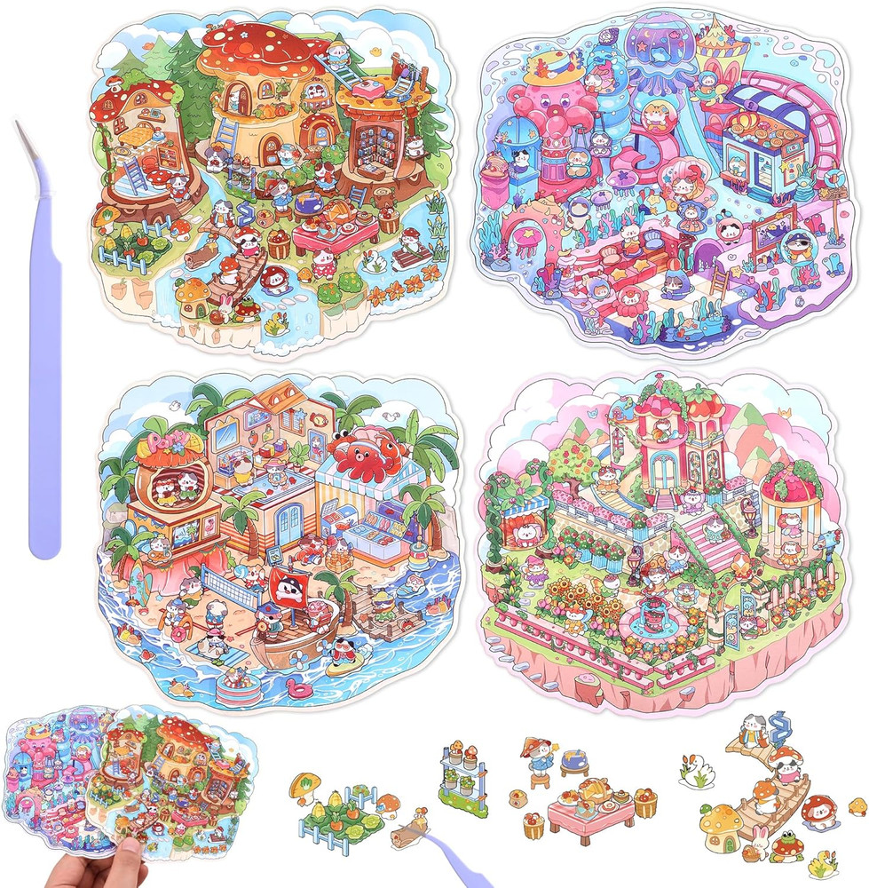 4 Sets DIY 3D House Scene Stickers – Forest, Deep Sea, Paradise Garden, Island