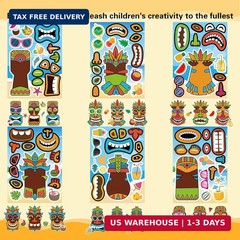 24 Sheets Summer Stickers, Make a Tiki Face Sticker, Tropical Hawaiian Stickers