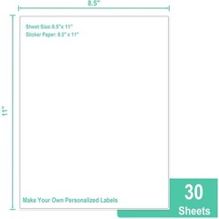 30 Printable White Sticker Paper Full Sheet Label, Matte, 8.5″ x 11″ for Laser