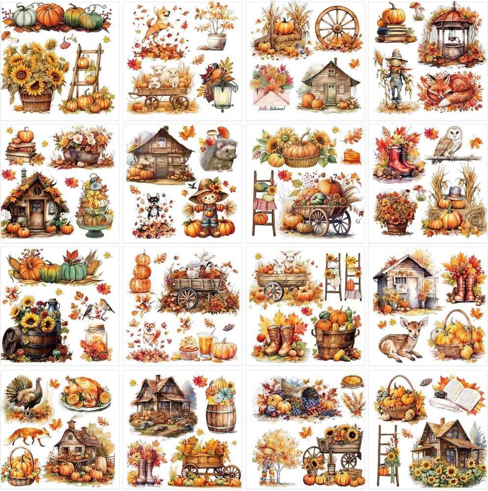 16 Pcs Fall Farmhouse Rub on Transfers for Crafts, Autumn Rub on Transfers for F