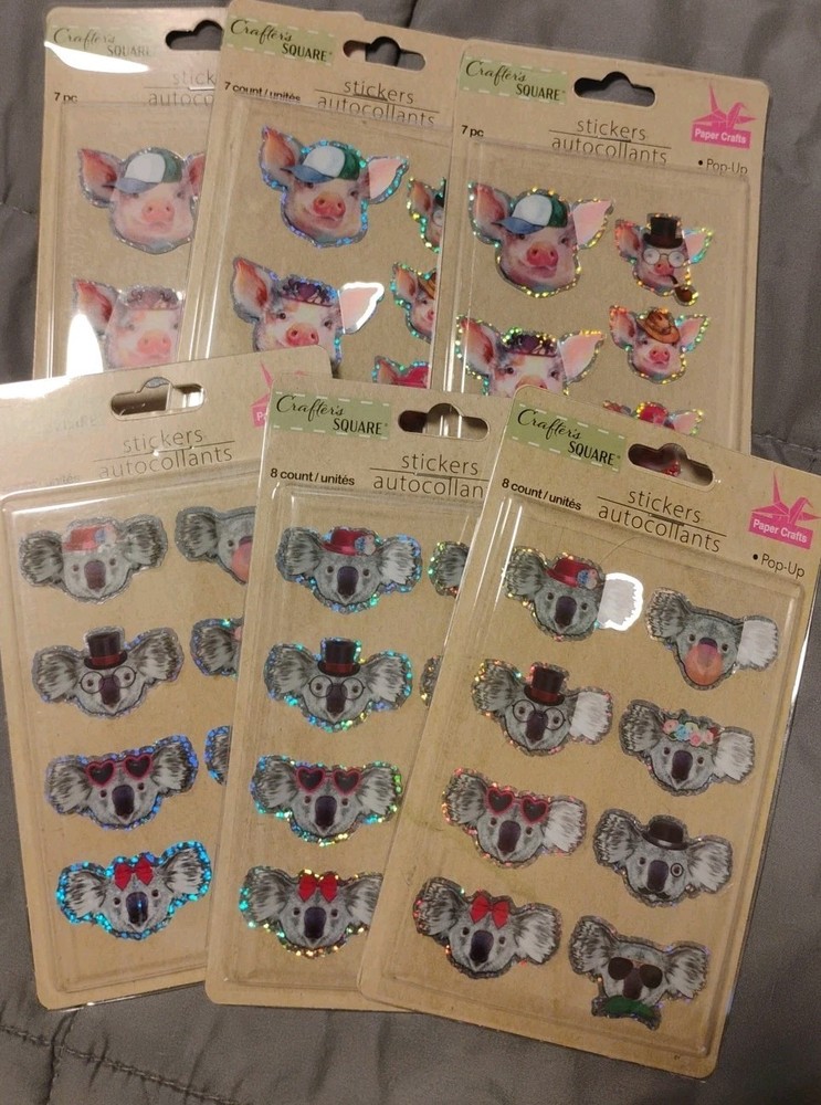 Lot of 6 Crafters Square Koala And Pig Pop-Up Stickers 7/8 Ct. 45 Stickers Total