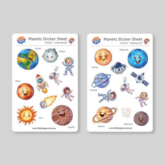 Planets Stickers (x21), Waterproof Sticker Sheets (x2), Earth Moon Rocket Space