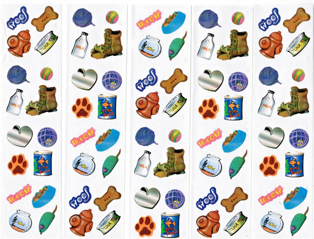 DOGS & CATS Paw Prints Food Treats Toys Scrapbook Stickers WOOF MEOW 5 sheets