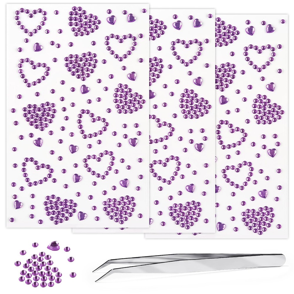 SeBneny Face Gems Stickers 3 Sheets Heart Purple
