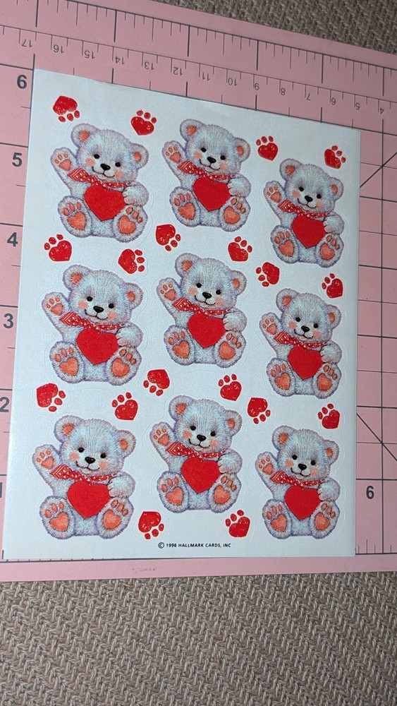 Vintage Hallmark Stickers Teddy Bear Valentine’s Day Heart Paw Prints 1 Sheet