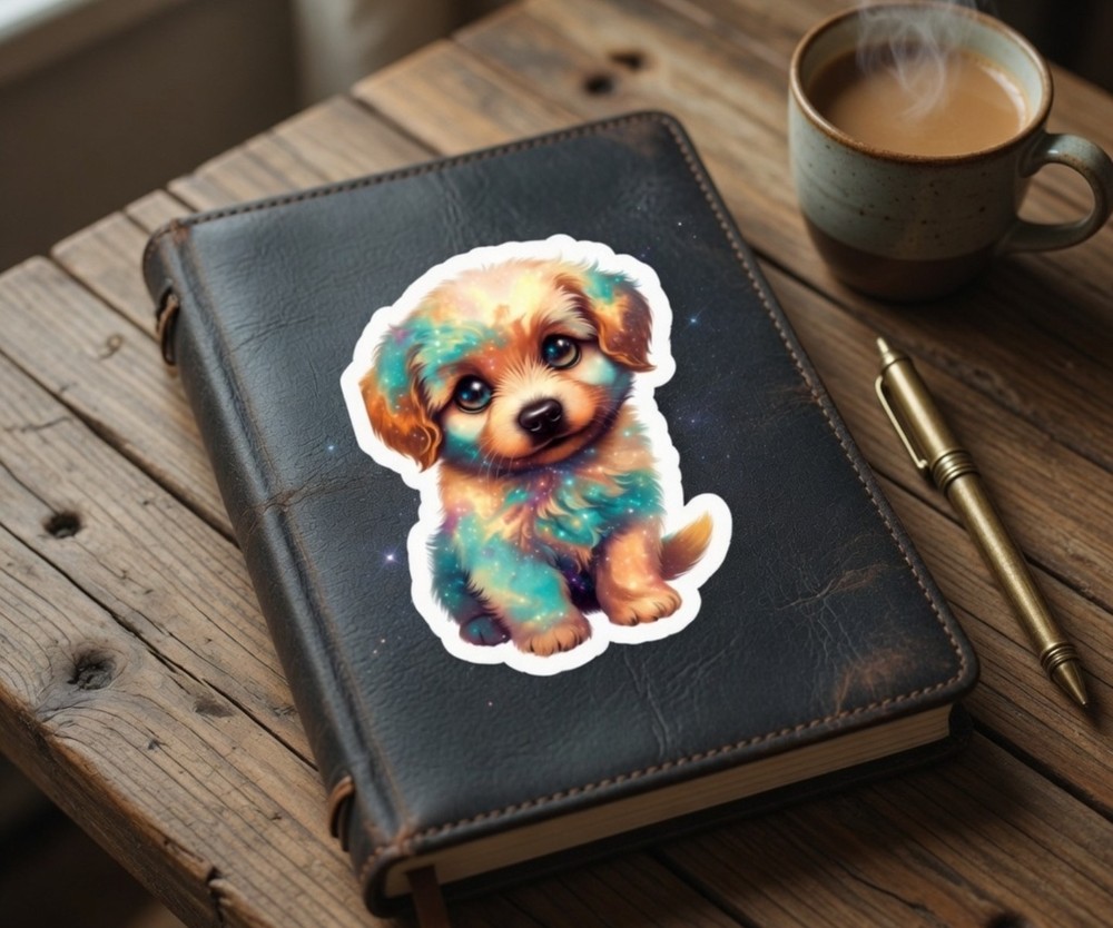 Galaxy Puppy Sticker Cosmic Dog Vinyl Decal – 3″ x 4″ Waterproof UV Resistant Gl
