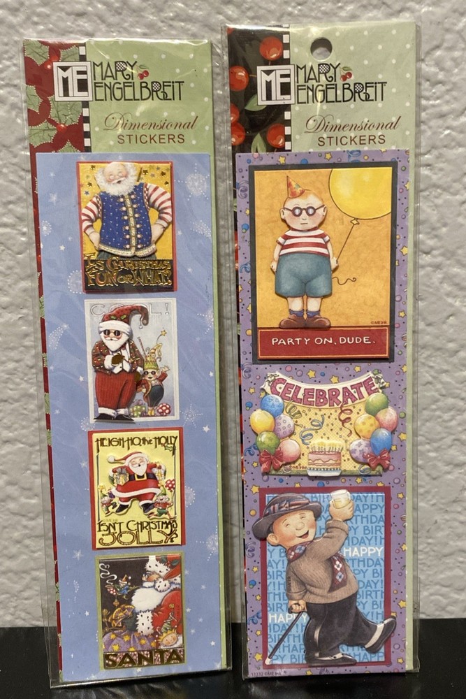 NEW LOT of 2 MARY ENGELBREIT 3-D DIMENSIONAL STICKERS~Birthday & Christmas