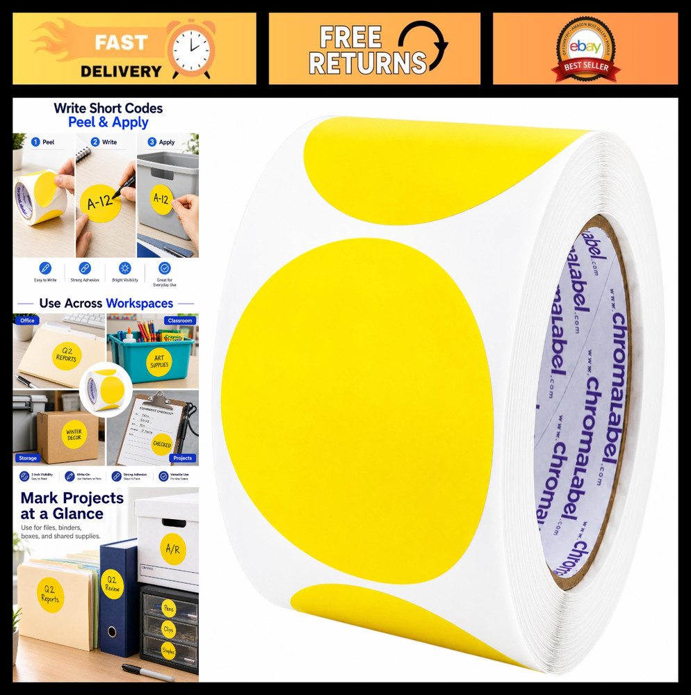 3″ Yellow Round Dot Stickers – Write-On Semi-Gloss Labels for Inventory, Color C