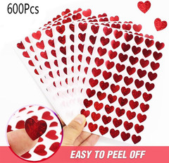 10 Heart-Shaped Stickers – Red Holographic Glittering Little Decals for Crafts