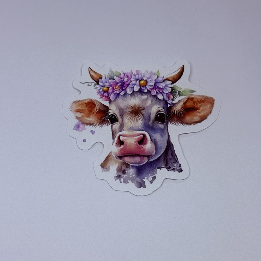 Cute Cattle Cow Animal Sticker Vinyl Decal Journal Wall Flower Crown Art Tc6