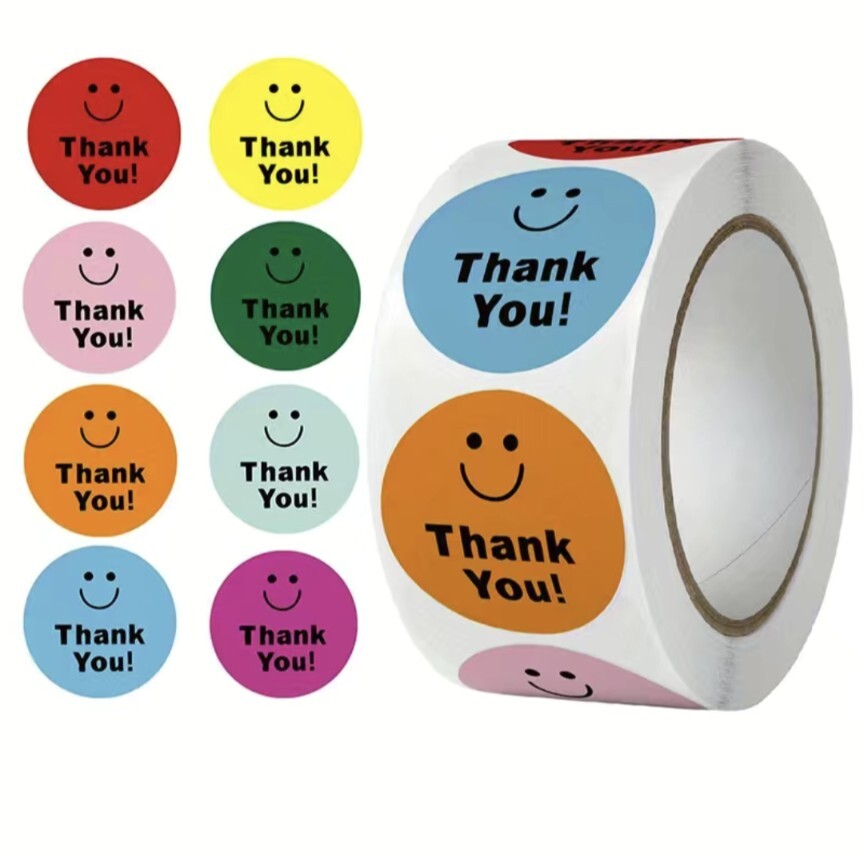 500 pcs Sticker Roll 1 Inch Color Cartoon Happy Smile Thank you Self Adhesive
