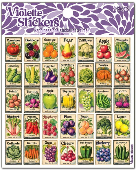 Violette Stickers 2 Sheets Mini Seed Packets Fruit Vegetables Country Style