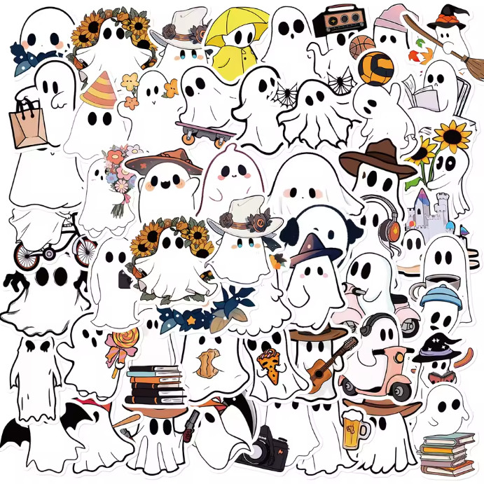 👻 50pc CUTE Ghost Themed Glossy Stickers – FREE SHIPPING