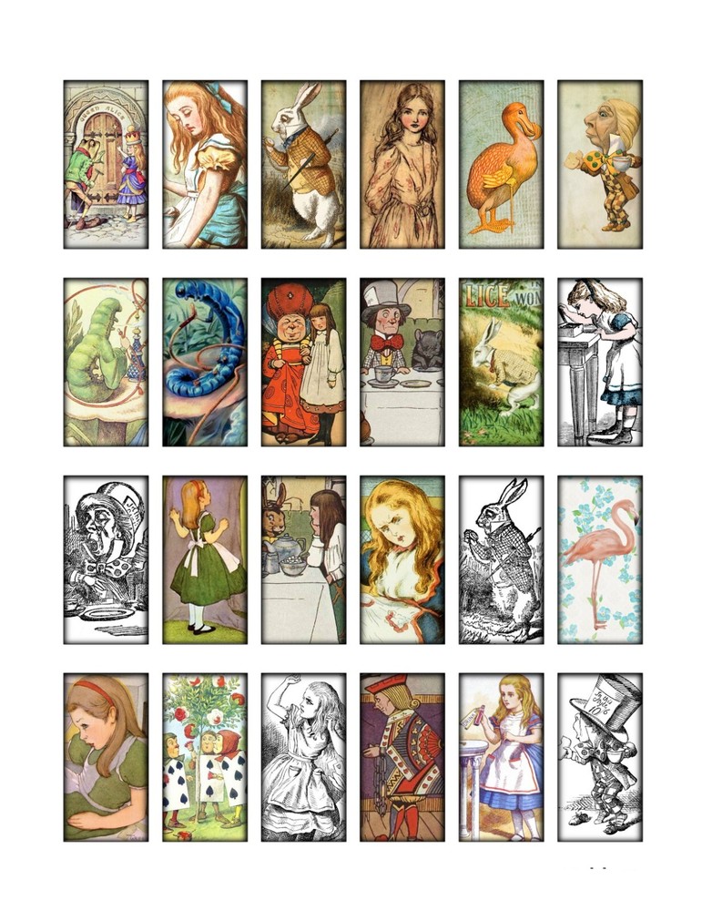 Set of 24 Vintage Alice in Wonderland Domino Tile – STICKERS – Just Cut & Use!