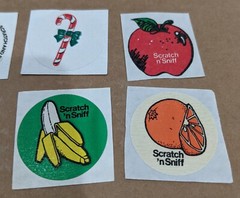 Vtg 3M Imperfect Scratch & Sniff Stickers Set Of 8 Apple Banana Grape Peanut Etc