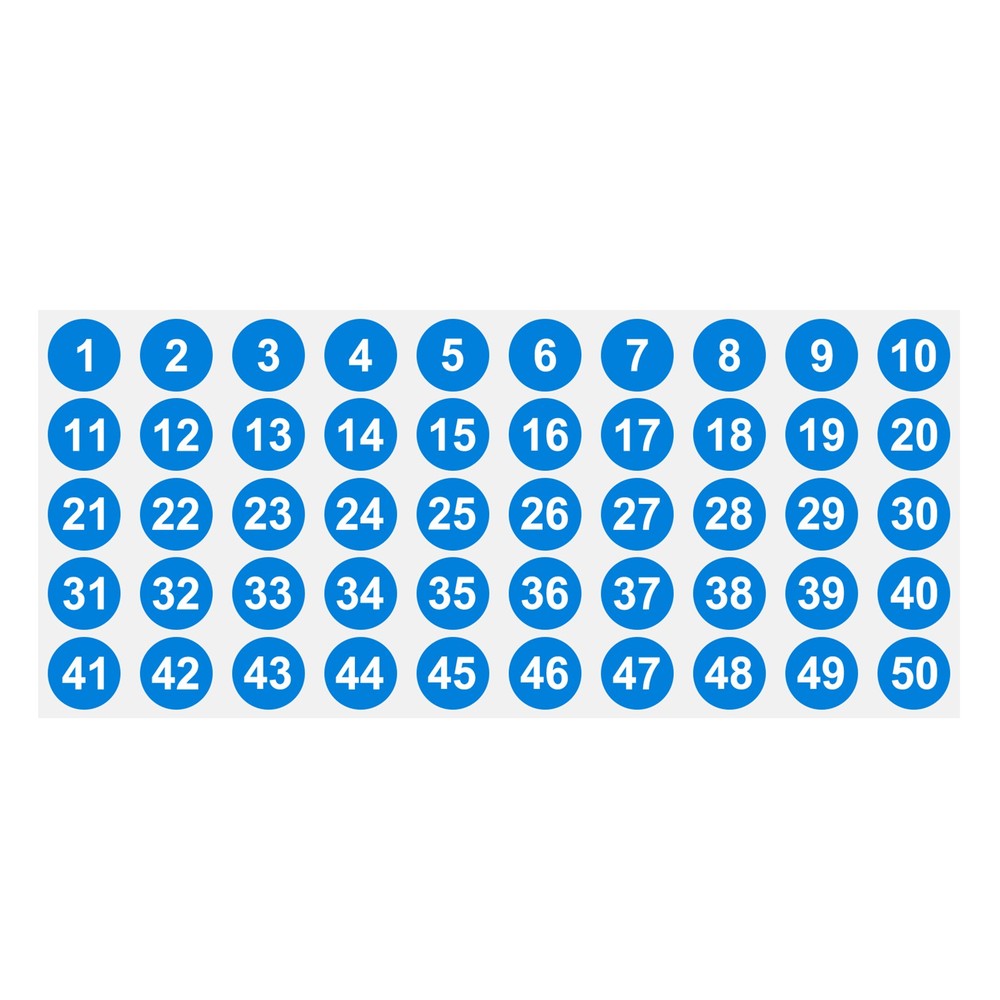 1 to 50 Number Stickers 1 Inch, Consecutive Vinyl Round Labels Dot Decals, Blue