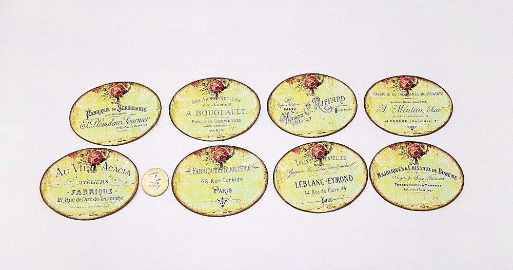 French Art Logo-Ephemera-Linen Cardstock-Oval-Labels-Stickers-Set Of 8