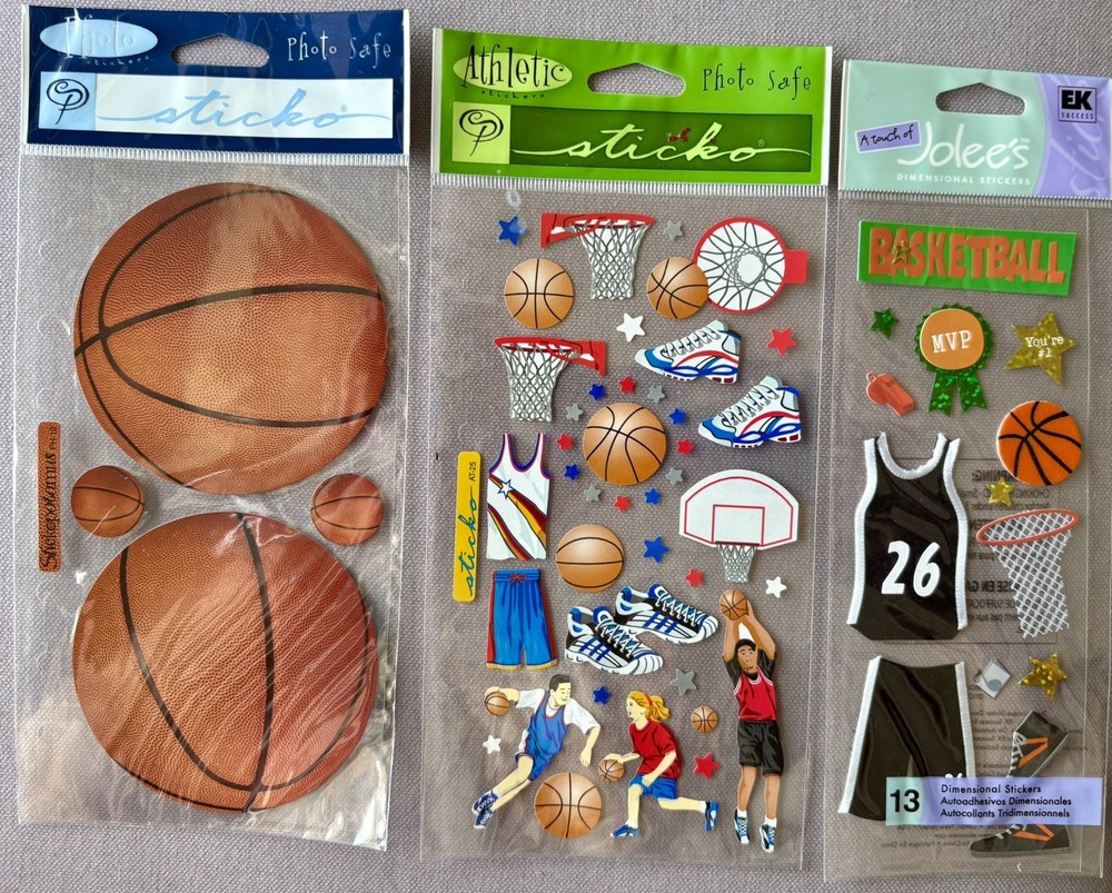Lot: 3 Sets Scrapbook Stickers Jolee’s Boutique Dimensional, Sticko, BASKETBALL