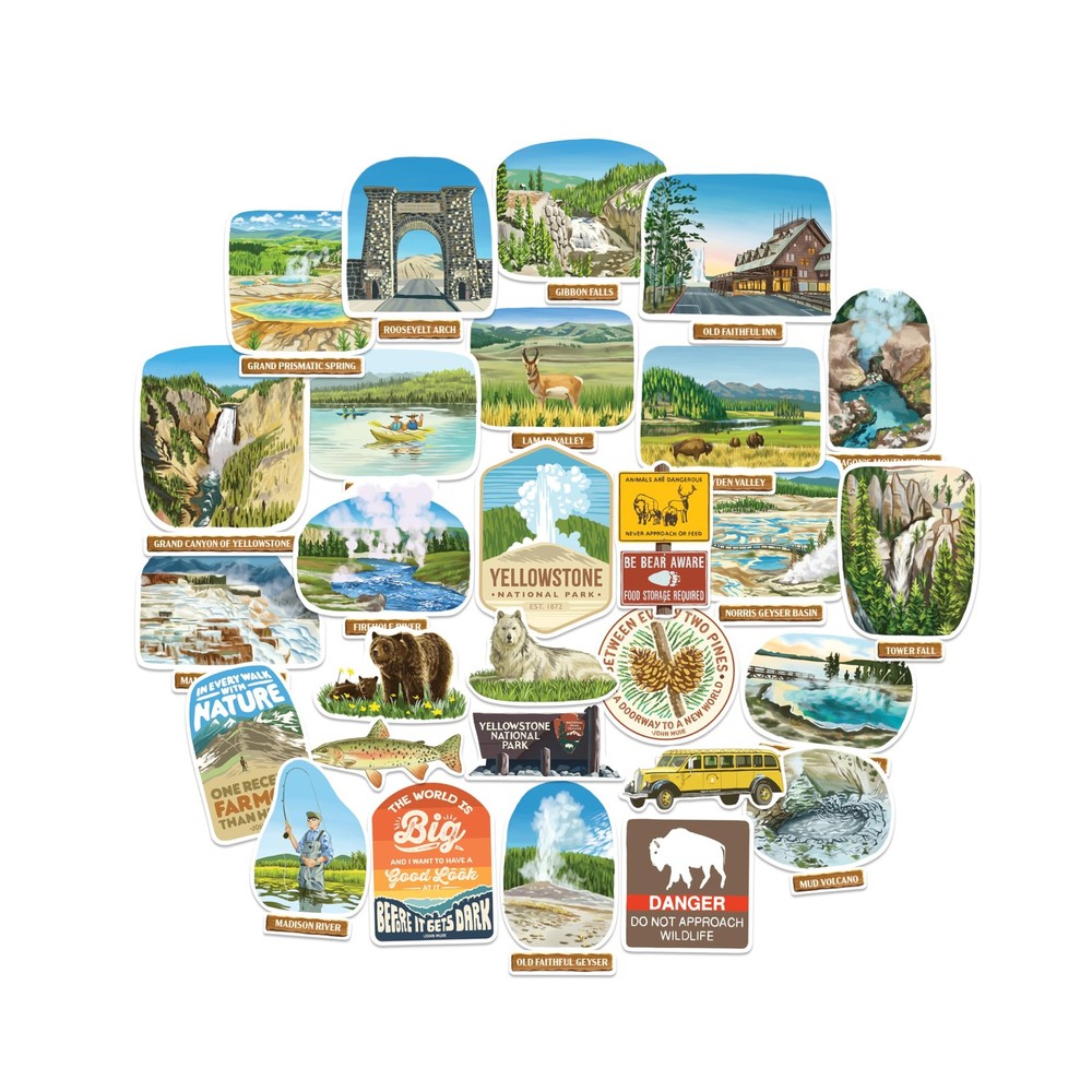 Yellowstone National Park Stickers (28Pcs) – Hand-Illustrated, America, Nature-T
