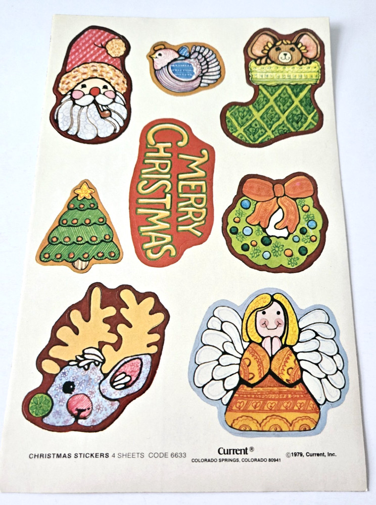 Vintage Sticker Sheet Christmas Current Inc Santa Stocking Angel Wreath Reindeer