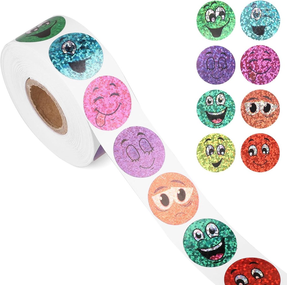 500pcs Foil Happy Face Holographic Stickers, 1 Inch Small Round Smile Sticker Ro