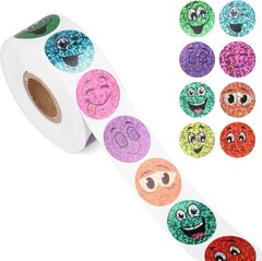 500pcs Foil Happy Face Holographic Stickers, 1 Inch Small Round Smile Sticker Ro